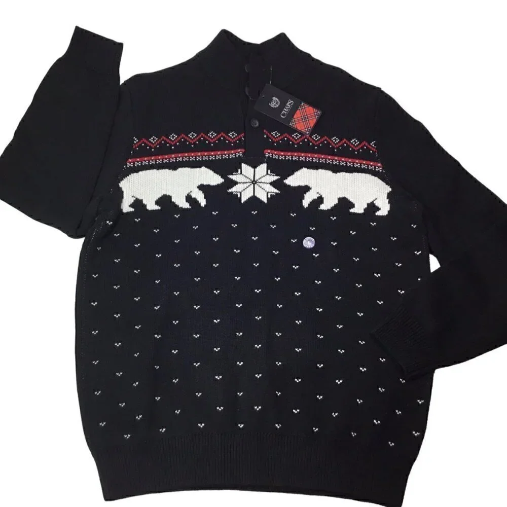 Chaps NWT Polar Bear Pullover Black Size L Fair Isle Snowflake Winter Christmas